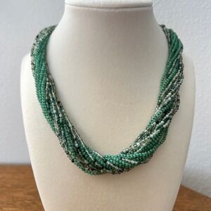 Multi Strand Seed Bead Necklace w/ Hook and Eye Clasp Green Silver Tone Boho